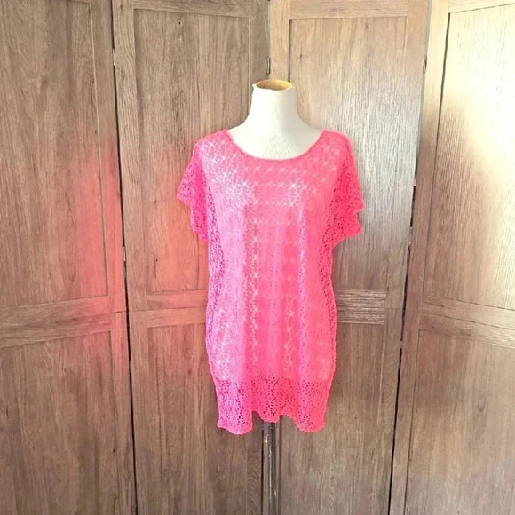 Women bright Pink Lace Top beach cover tunic - Picture 1 of 7